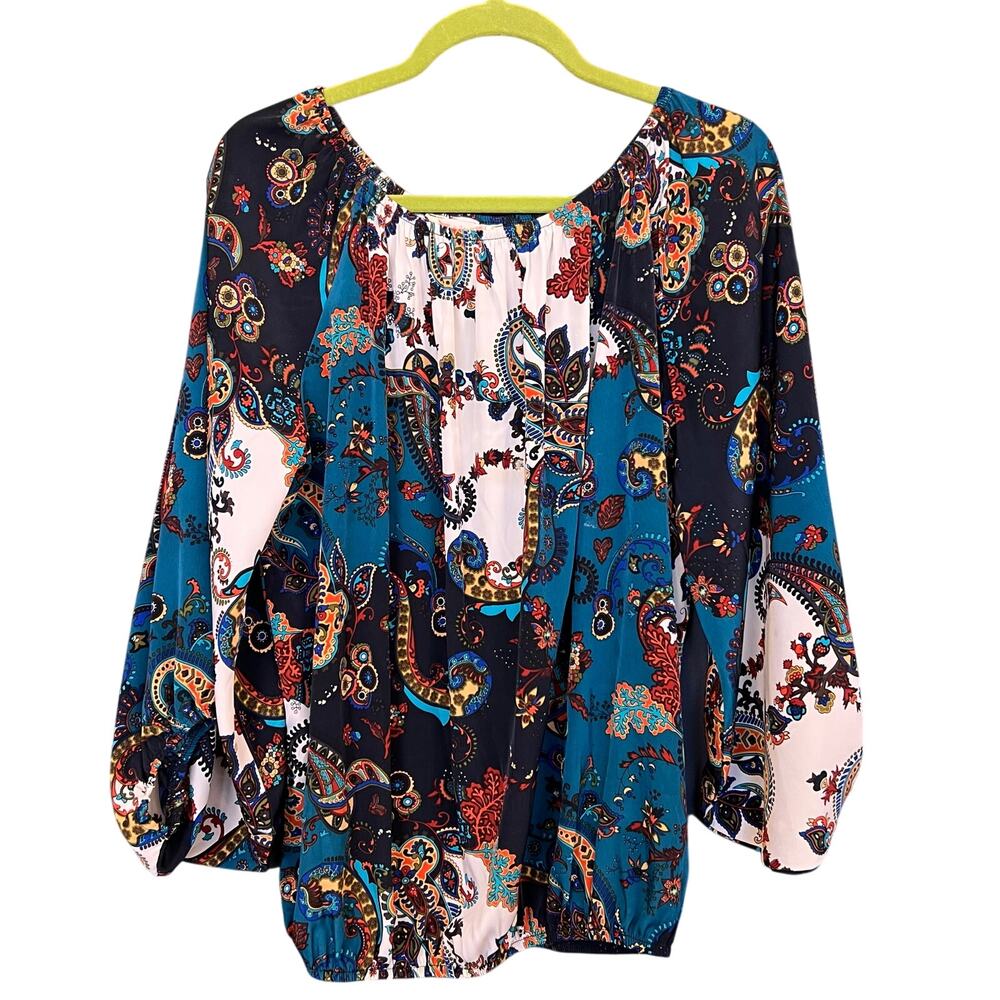 R. Rouge Paisley Turquoise + Ivory Off Shoulder Bubble Sleeve Blouse 1XL